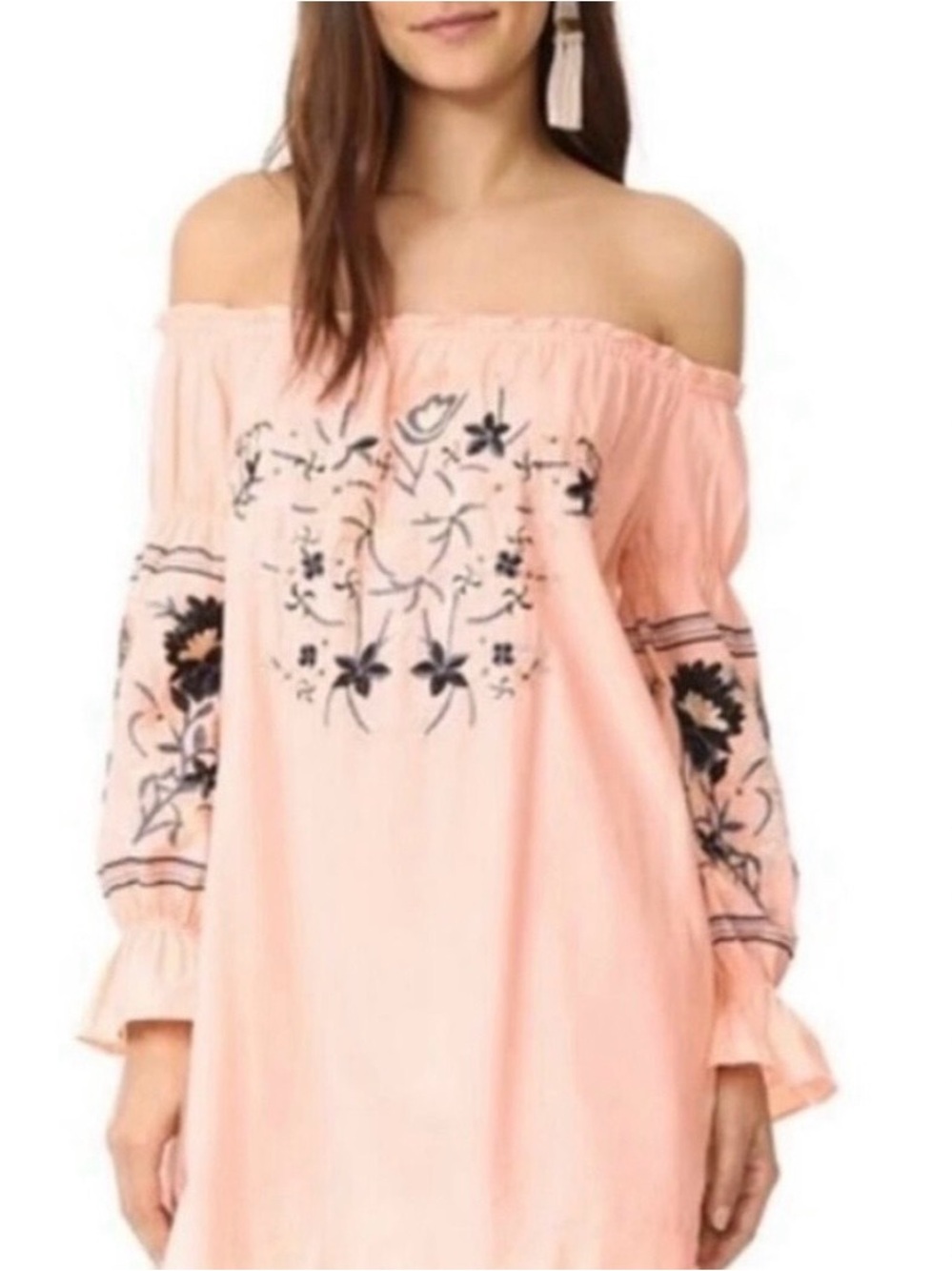 Free People dress cotton pockets embroidered off shoulder mini “Fleur du jour”